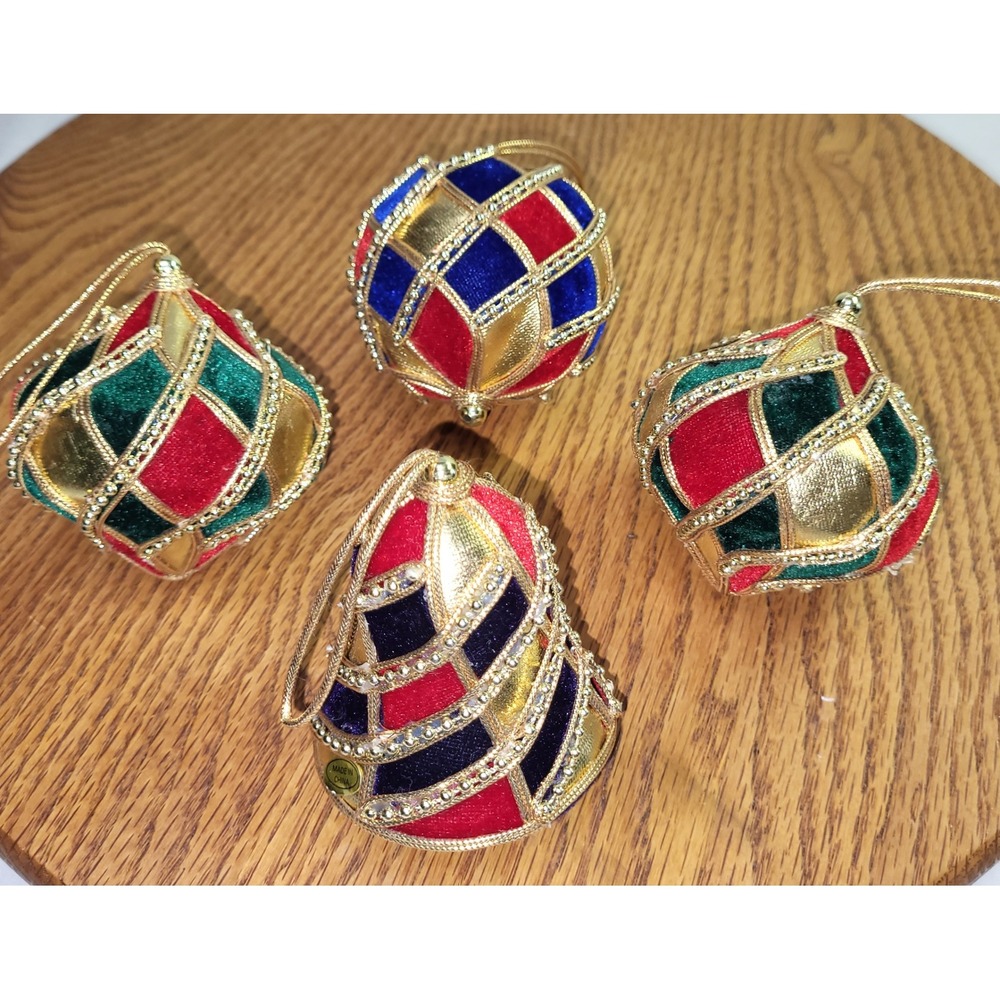 Christmas Ornaments Set 4 Jewel Tone Velvet Gold Beaded Red Green Blue